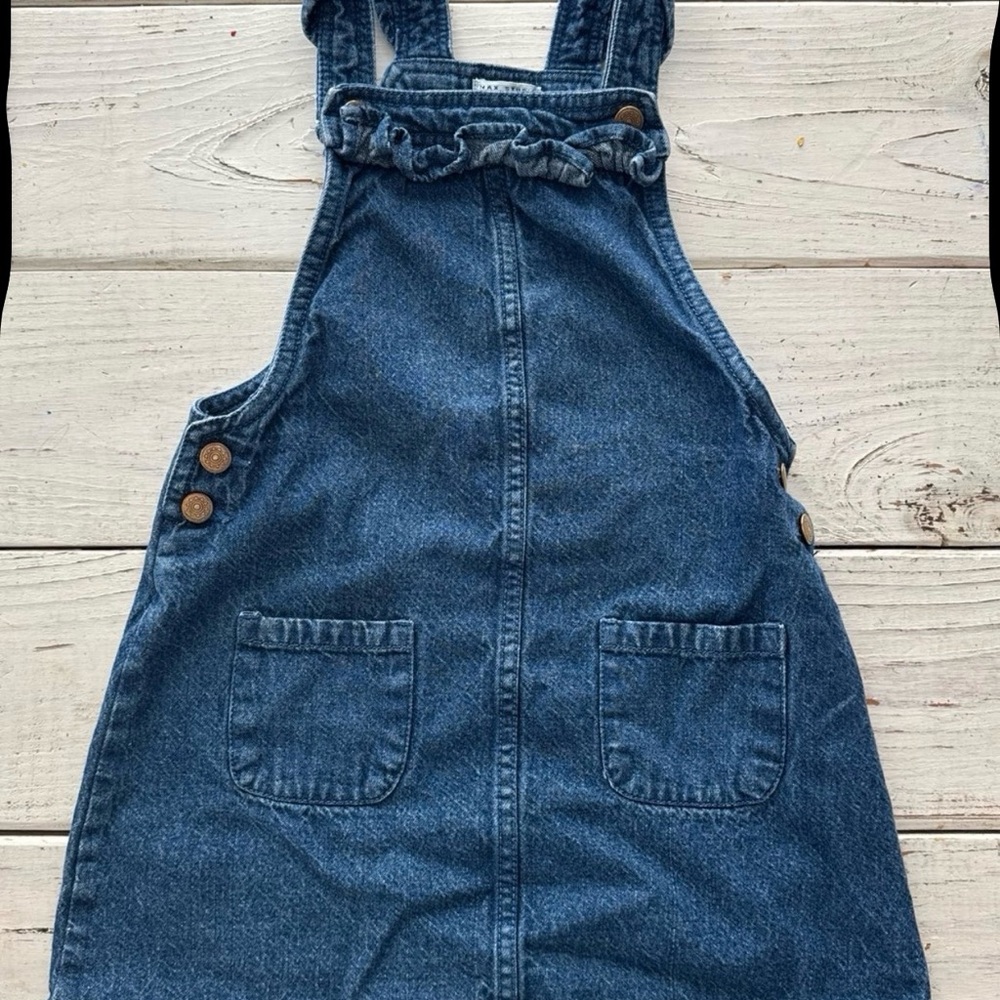 Max Studio Dark Blue Denim Pinafore Dress with Ruffle Bib
